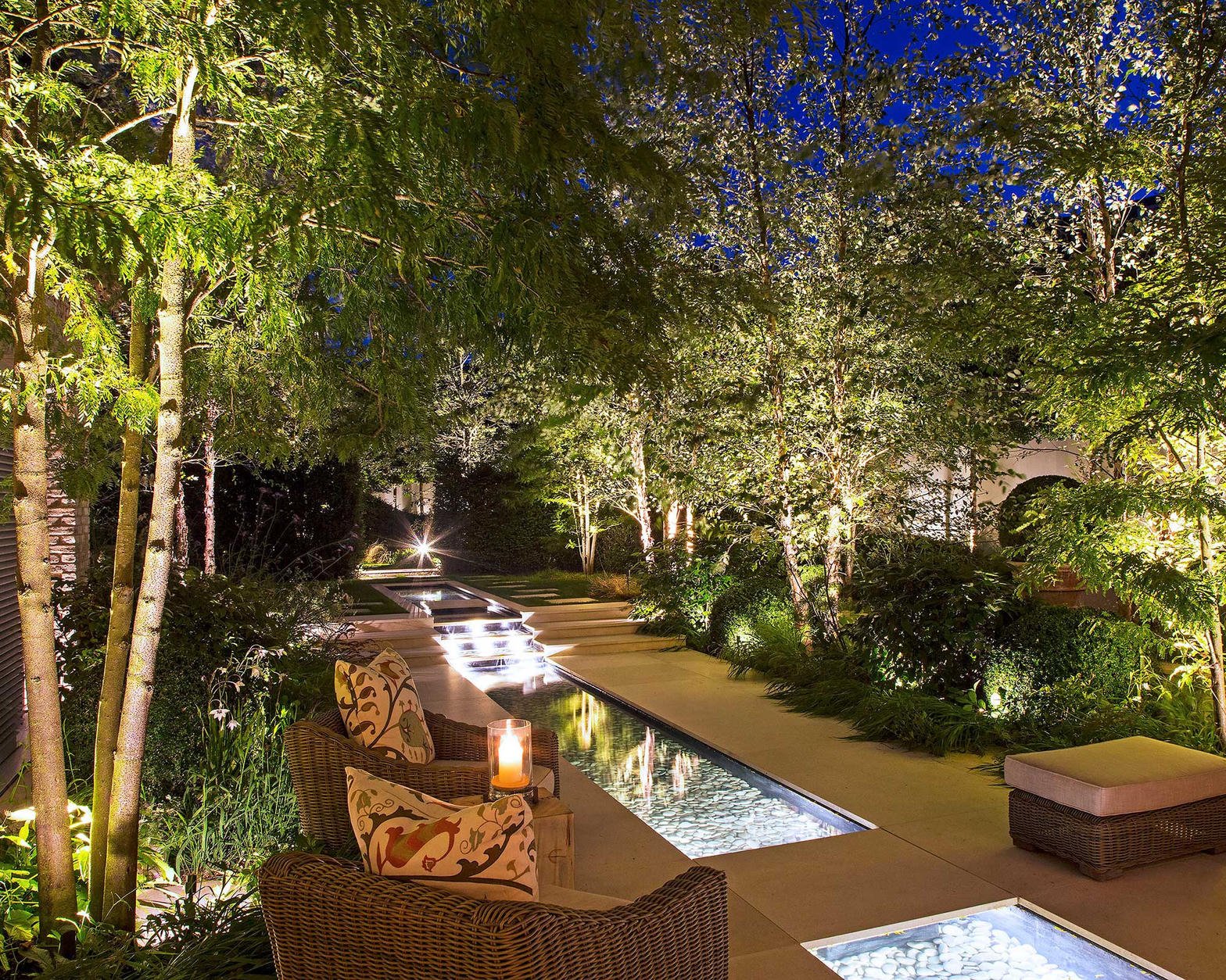 Garden water channel with night lighting